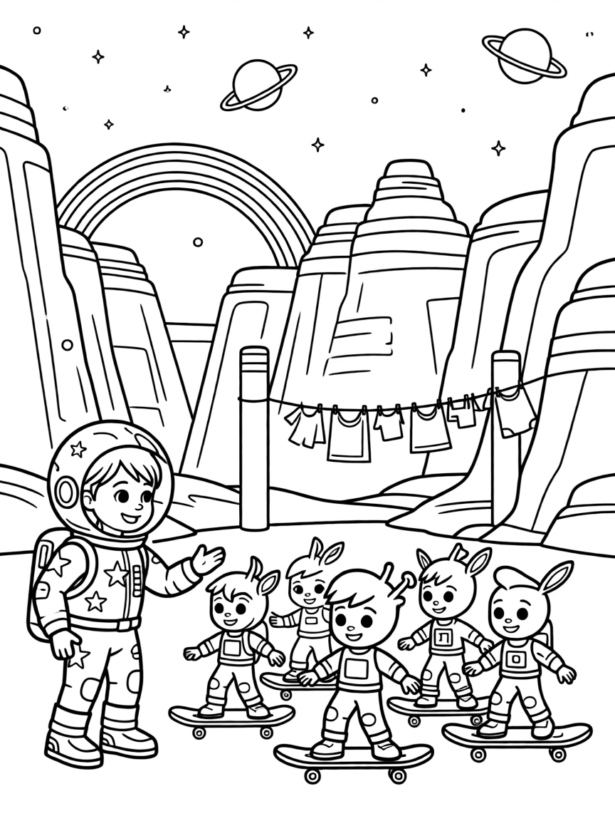 Explorer Skye, a young space explorer in a starry spacesuit teaching a group of alien children how to skateboard on gravity boards near a red desert planet with towering rock canyons, surrounded by a line of laundry fluttering between two towers and a rainbow bridge arching over a canyon.