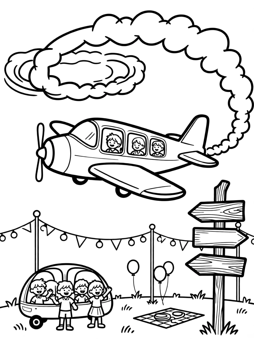 A big, friendly a stunt plane trailing loops of colored smoke rolls through a festival ground lit up with strings of colorful lights, with a group of cheerful kids waving from the windows enjoying the ride and an old wooden signpost pointing to faraway towns adding a playful touch.