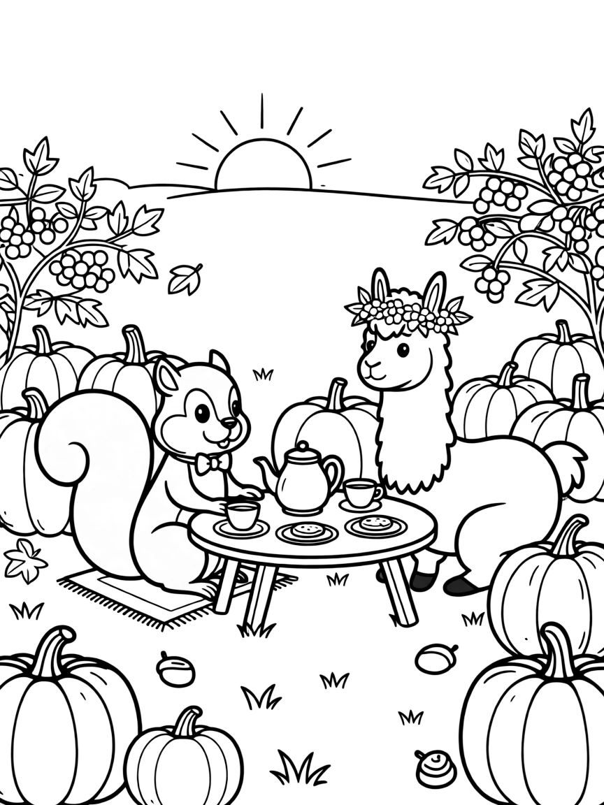 A chipmunk in a pumpkin patch in October, having a tea party with a llama, next to a berry bush, as the sun sets in soft colors.