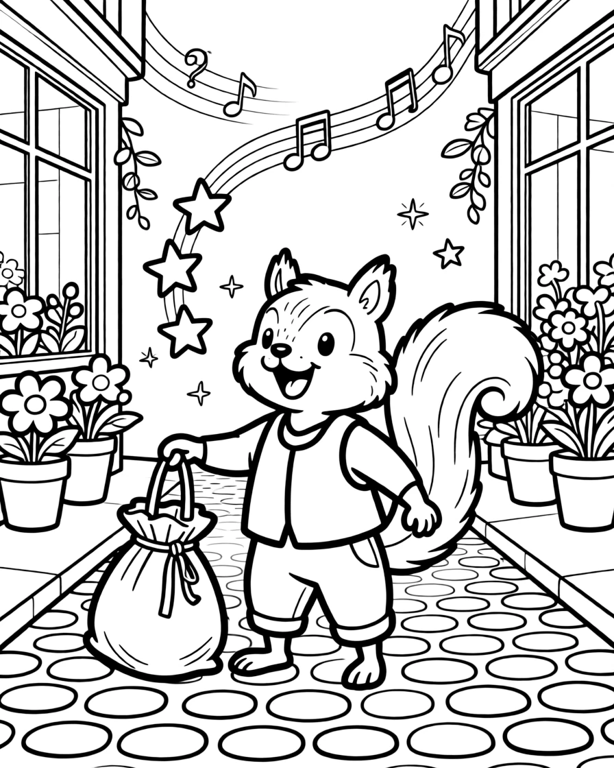 Wobbly and full of excitement, a squirrel treasure hunter spends the day juggling glowing stars pulled from a sack on a cobblestone street lined with flower shops. Nearby, musical notes floating playfully in the air adds to the fun. It's shaping up to be the happiest day in the whole kingdom.