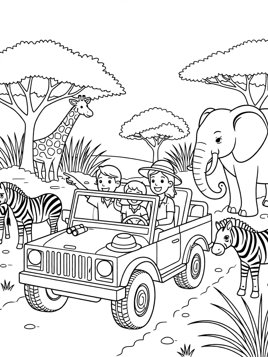 A coloring page of a heartwarming family scene in South Africa showing a family going on a safari drive spotting animals together, with everyone smiling and working together happily.