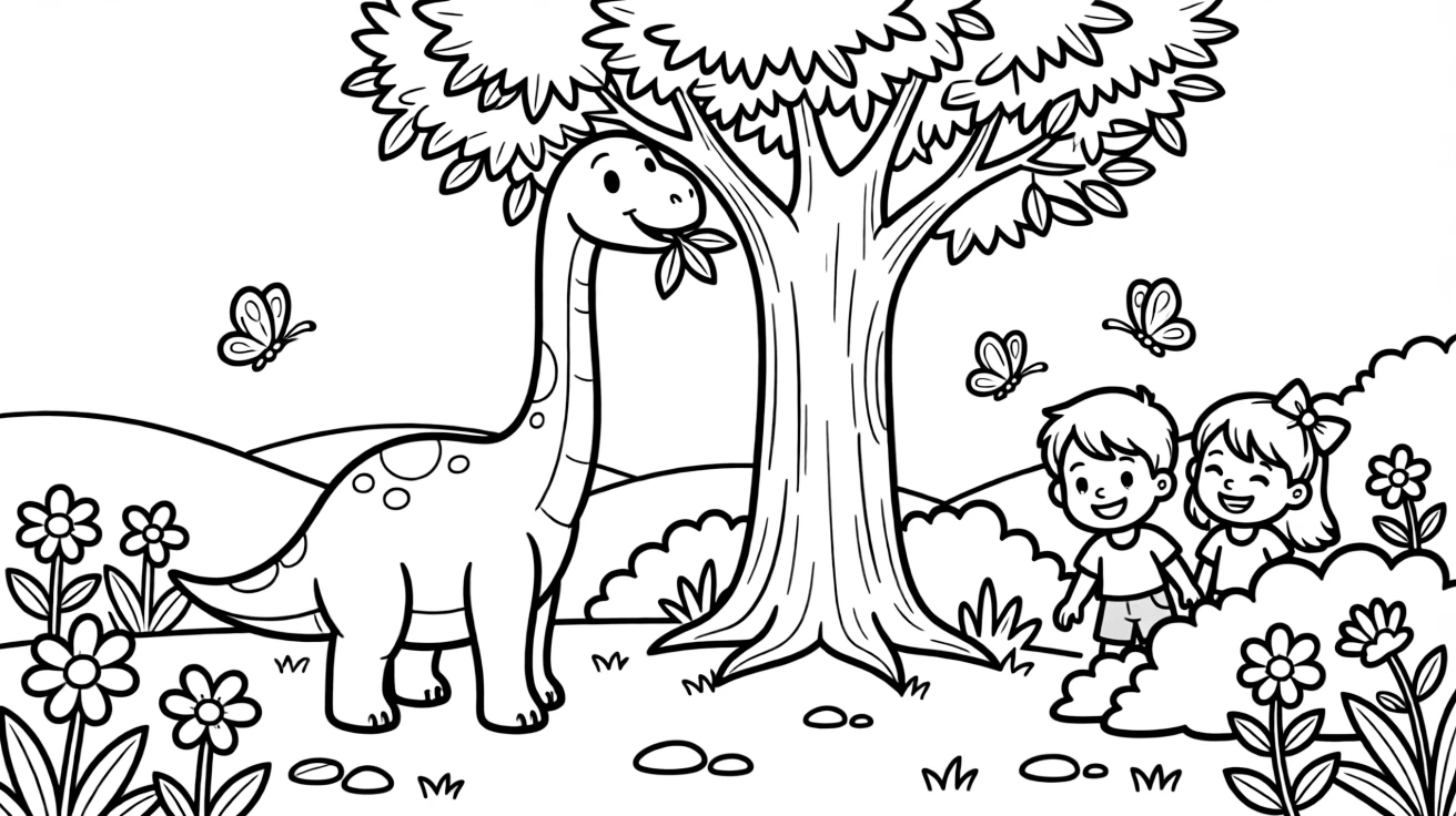 a mischievous pair of best friends watches a friendly long-necked dinosaur munch leaves from a tall tree.
