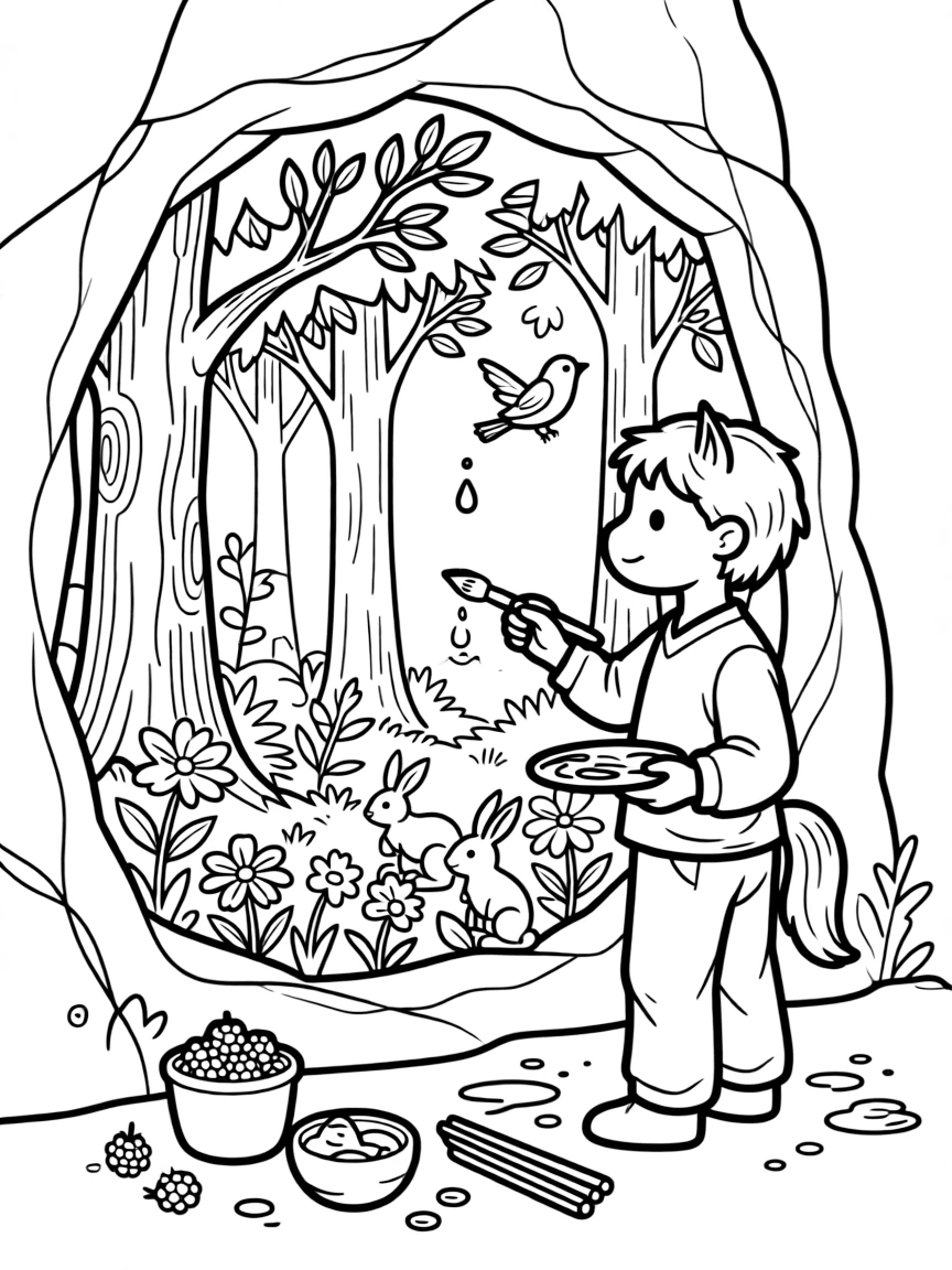 A young centaur artist paints a mural of the forest on a cave wall using berries, clay, and charcoal.