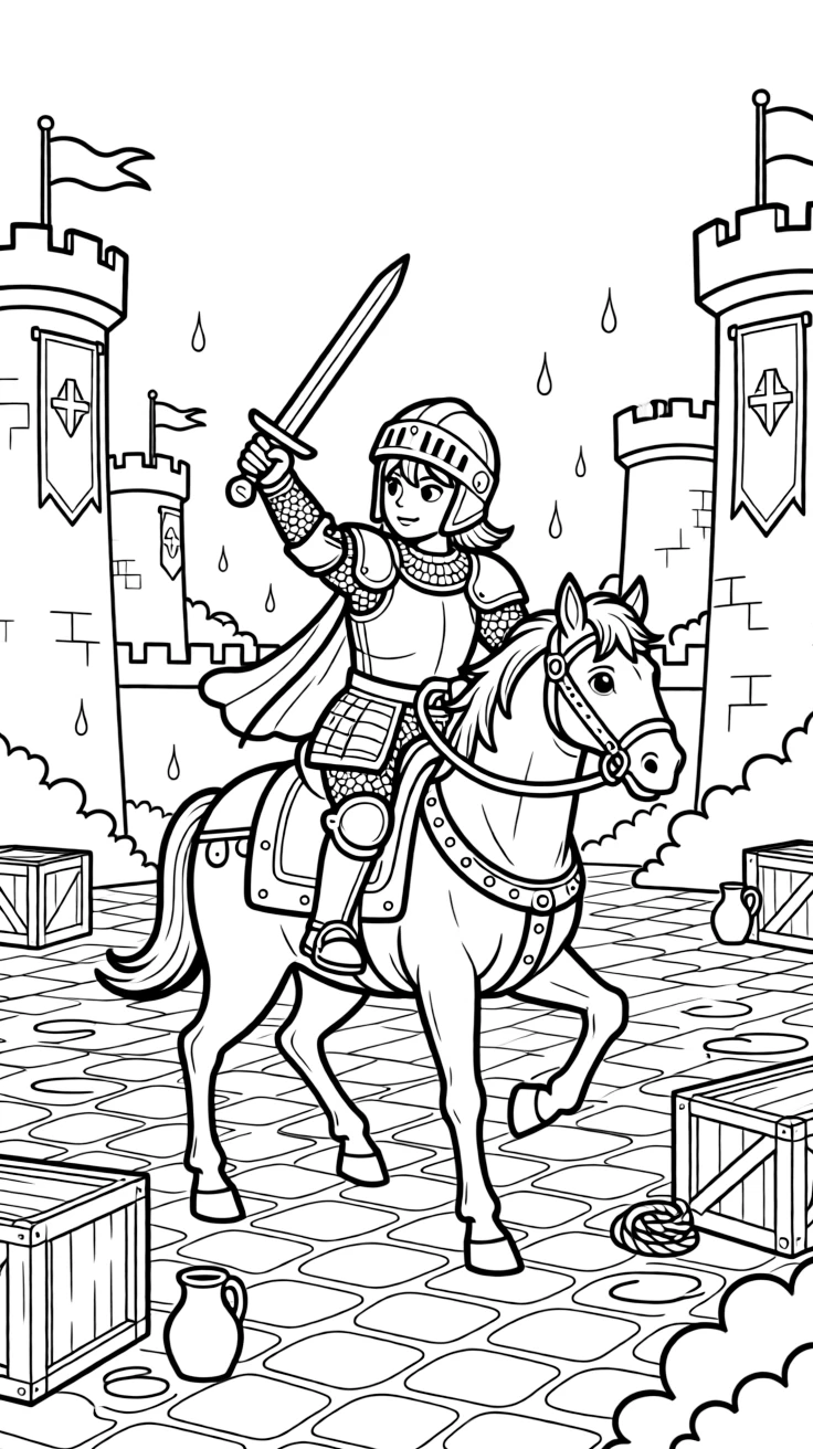 [Knights] a knight riding a armored horse practicing sword fighting in a courtyard in a medieval jousting arena, looking determined and brave. Nearby, colorful banners hang from castle towers. Chainmail links show beneath the armor plates. The scene is captured on a foggy morning, with a light drizzle just ending, giving the page a lively and adventurous feel that invites plenty of colorful detail.
