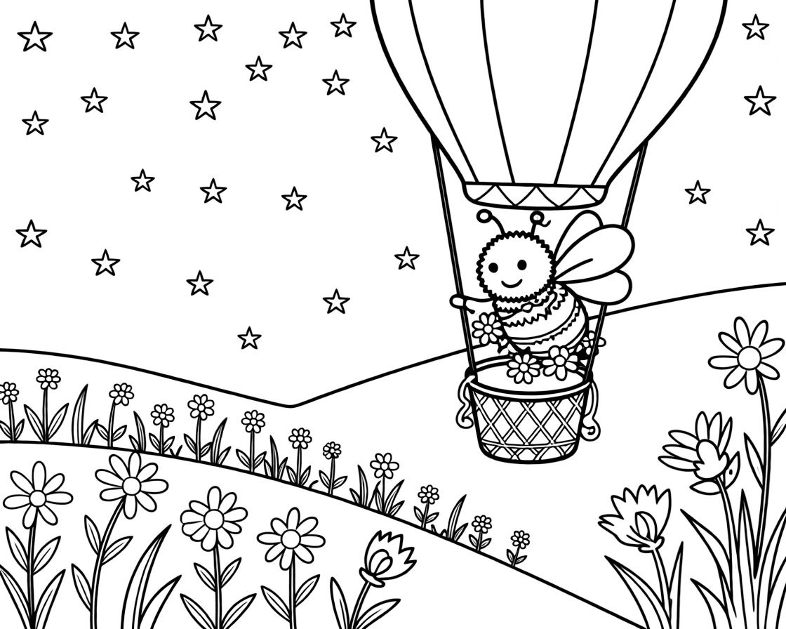 A fuzzy bumblebee is stringing together a daisy chain necklace aboard a hot air balloon drifting over rolling hills. wildflowers swaying gently in the wind and sparkling stars scattered across the sky make the scene feel magical.