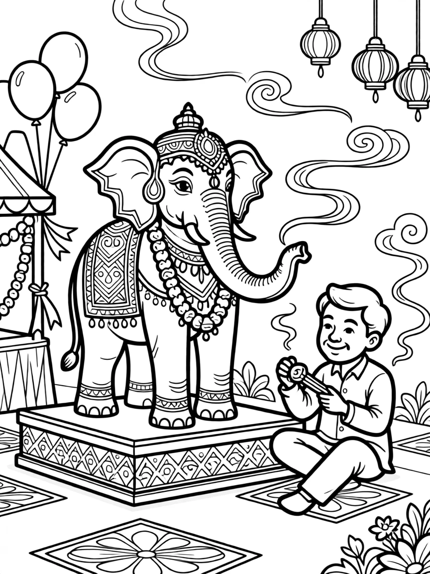 A colorfully decorated elephant-headed statue on a decorated stage set up for a community celebration, with a proud grandfather playing close by amid incense curling into the air and balloons tied to a festive booth.