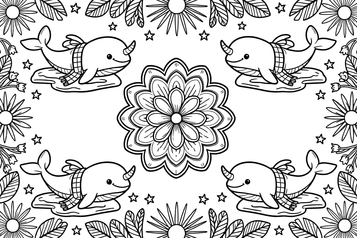 Arctic & Polar Animals: The page centers on a repeating motif of a narwhal pod swimming beneath ice, built around a blooming flower-shaped mandala with layered petal rings. The motif is arranged evenly around the four edges of the page, forming a continuous decorative frame around a clear center space. Decorative details fill the surrounding space, including rays fanning out like a small sunburst, clusters of tiny bells, and layered leaf clusters woven throughout the background. A playful extra touch completes the page: a scattering of small stars filling in any open gaps in the pattern.