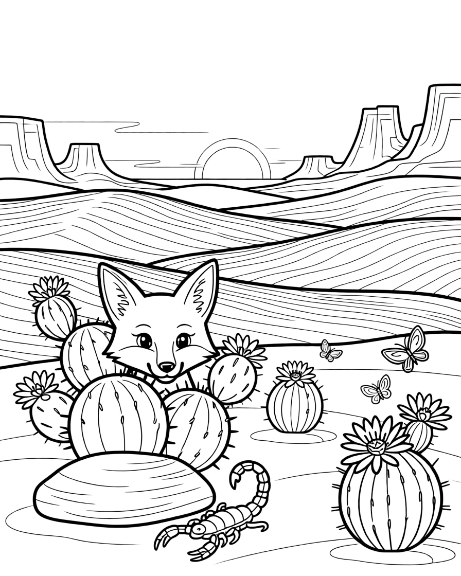 [Desert Dunes] A curious desert fox pokes its oversized ears out from behind a cluster of round cacti. A scorpion scuttles beneath a flat stone as butterflies drift over blooming cacti. Rolling sand dunes stretch toward distant rocky mesas beneath a wide open sky. Warm golden light stretches long shadows across the rippling sand at sunrise.