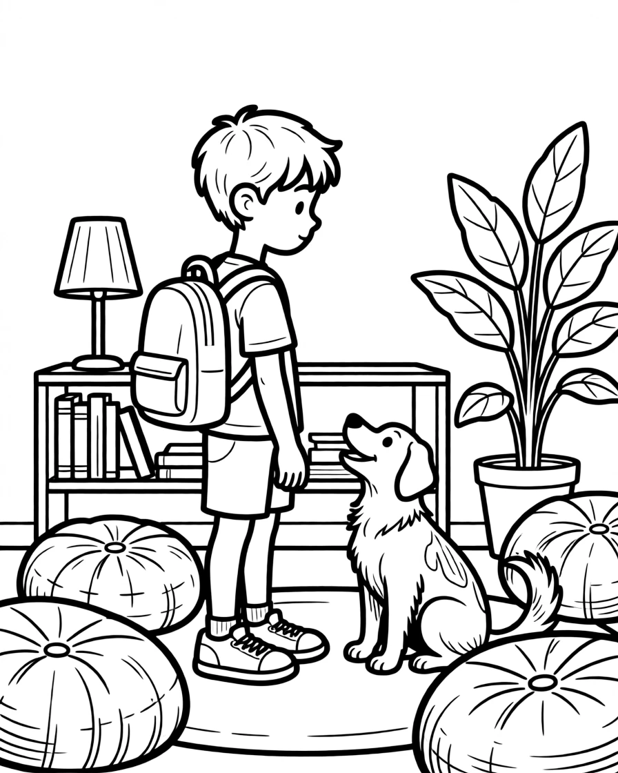 A boy with a backpack waiting for the school bus with a backpack at a reading corner with beanbags while a friendly dog wags its tail.