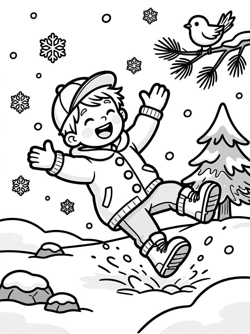 A confident boy wearing a bright cap, falling playfully into soft snow and laughing before getting back up.