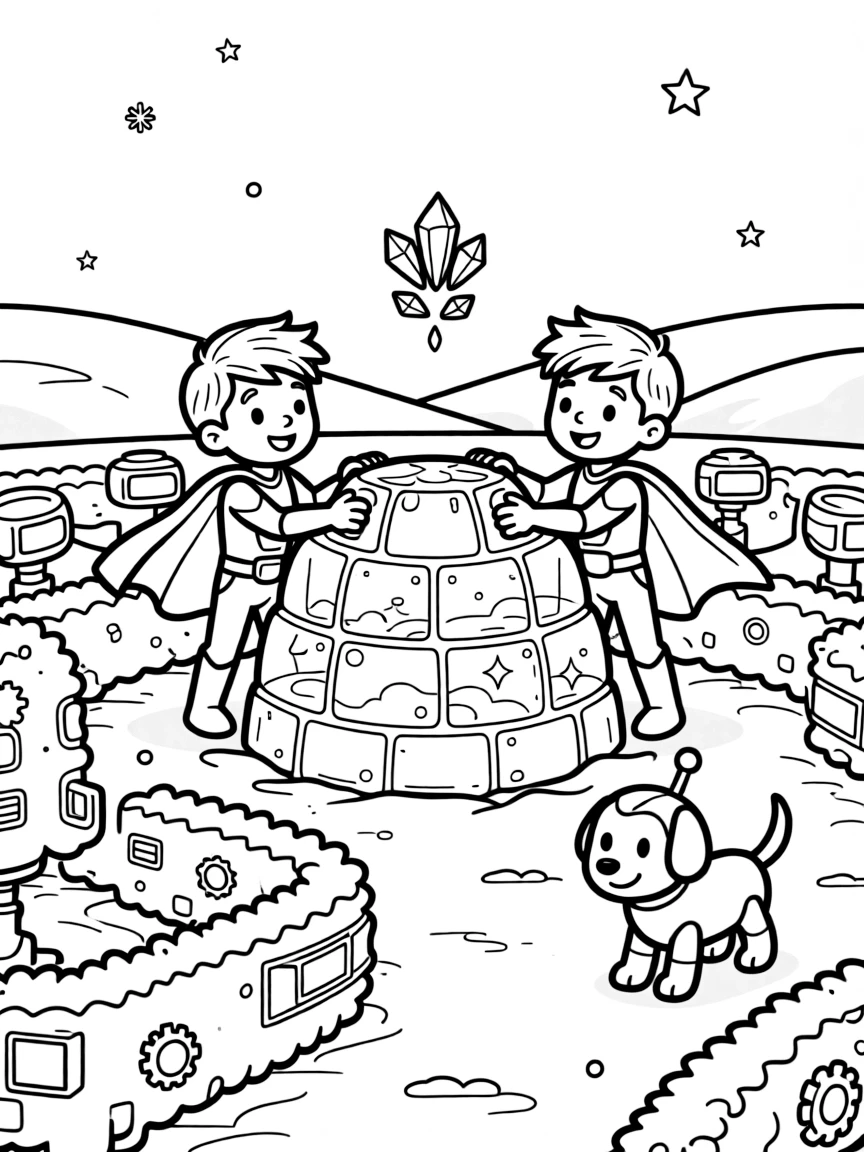 Twin superhero siblings Wren (ice-powered) and Nova (magnetic) building an igloo out of glowing ice blocks on a frost planet in a maze of glowing hedges in a robotic topiary garden, as a robot dog wagging its antenna tail and a cluster of floating crystals humming softly fill the scene.
