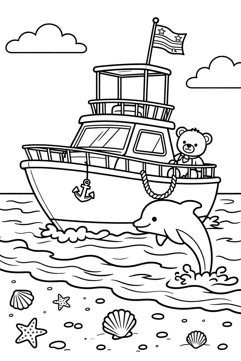 This page centers on a shiny white yacht with flags fluttering on its mast exploring a sunny sandy beach where waves roll onto the shore, featuring a teddy bear buckled safely into the passenger seat and little extras like a friendly dolphin leaping alongside in the waves and seashells scattered along the shoreline.