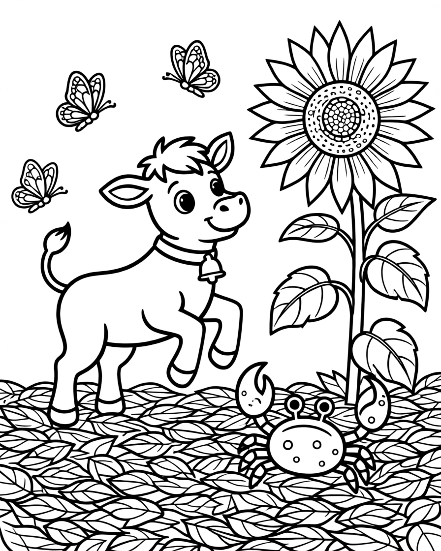 A calf in a sunny meadow, jumping in autumn leaf piles with a crab, next to a giant sunflower, surrounded by fluttering butterflies.