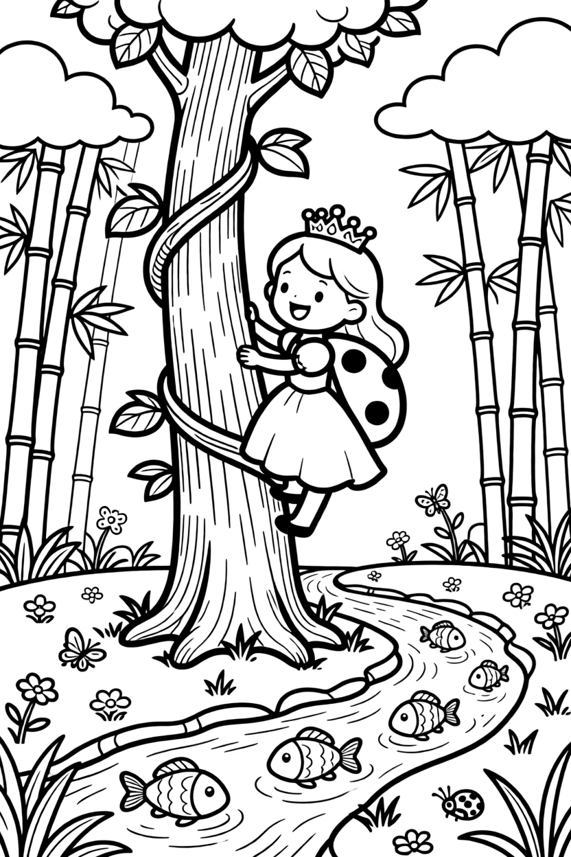 Curious and full of excitement, a ladybug princess spends the day climbing to the top of a beanstalk that reaches the clouds in a bamboo forest clearing. Nearby, a school of rainbow fish swimming past adds to the fun. It feels like the best day ever for everyone involved.