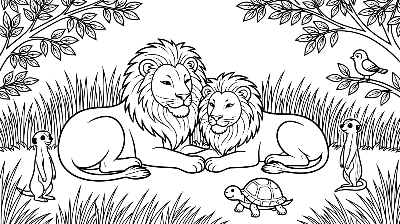 A coloring page spotlighting a family of lions resting together in tall grass in South Africa, framed by leafy branches, tall grass, and a few playful smaller creatures nearby.