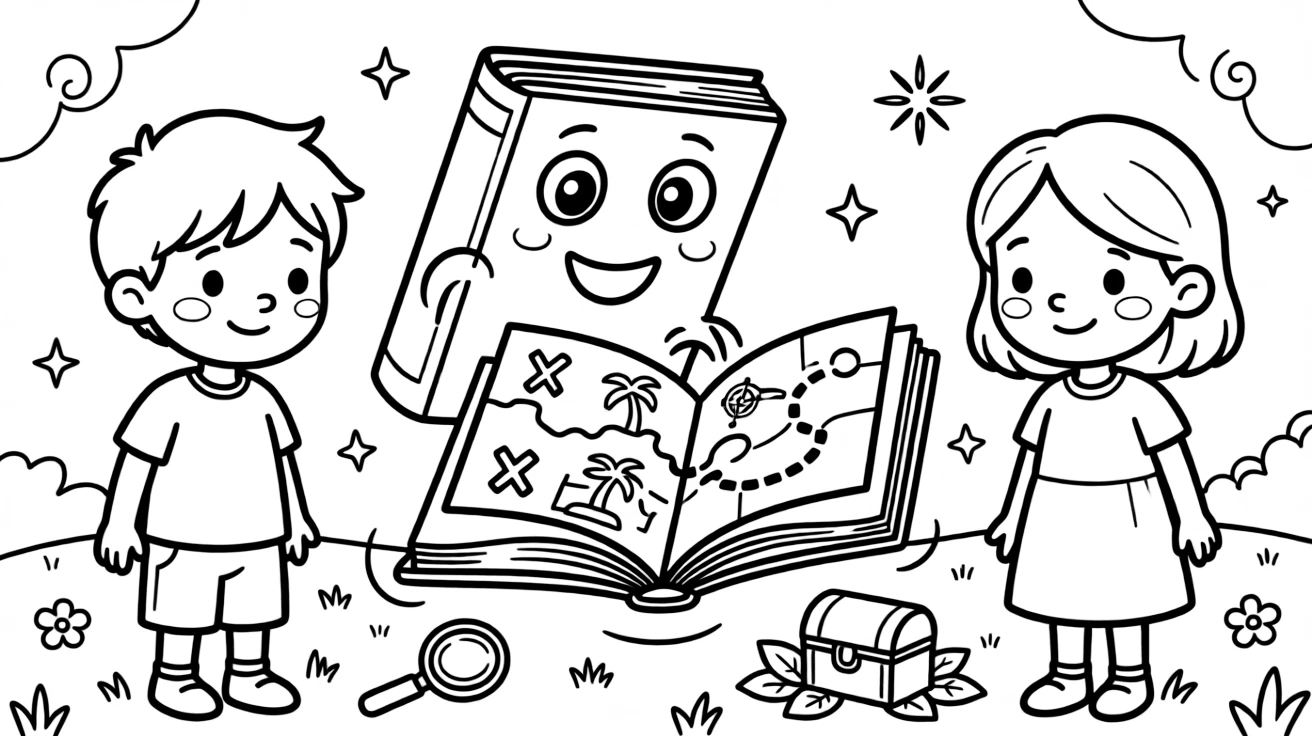 a shy pair of best friends helps a talking book flip its own pages to reveal a hidden treasure map.