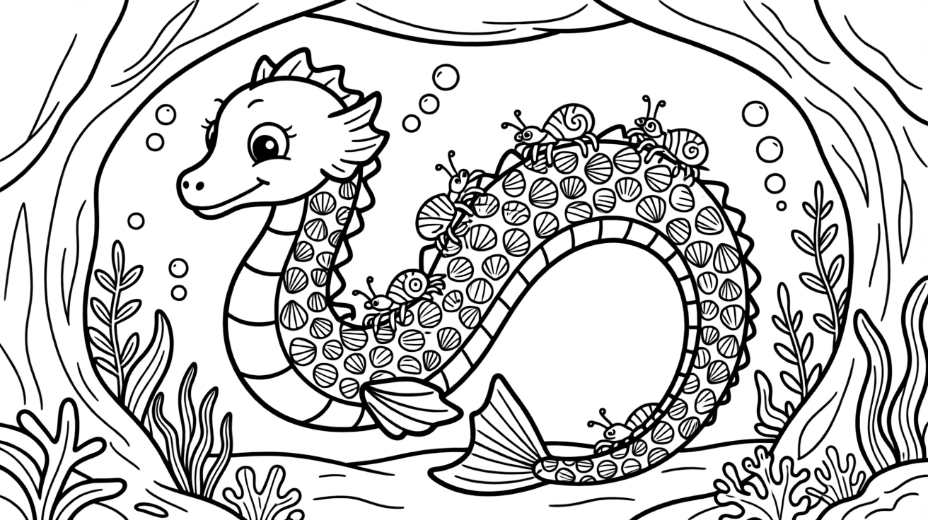A gentle sea dragon shares its underwater cave with a family of hermit crabs, who decorate its scales with tiny shells.