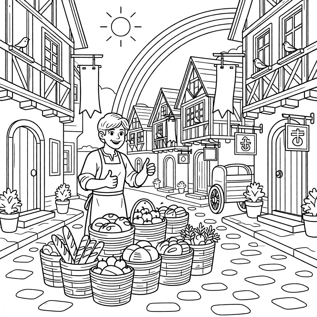 [Medieval Adventures] a market vendor selling fresh bread arranging baskets of fresh goods within a walled medieval town, giving a confident thumbs-up. Nearby, banners hang from timber-framed buildings. Wooden signs hang above shop doors. The scene is captured at high noon, with a rainbow arching overhead, giving the page a lively and adventurous feel that invites plenty of colorful detail.
