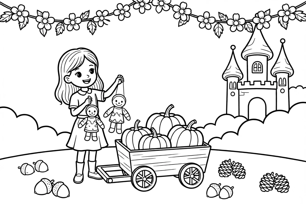 A girl puppeteer working her hand-sewn puppets is filling a wagon with freshly picked pumpkins inside a cloud kingdom with fluffy castle towers. a cluster of acorns and pinecones scattered about and a garland of paper flowers strung overhead add to the delightful moment.