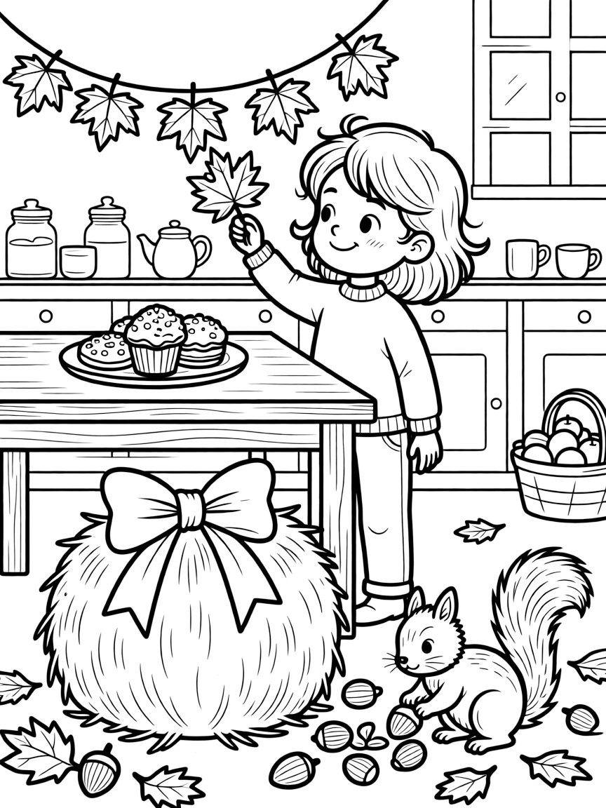 A grinning child admiring a maple leaf garland strung above the table in a cozy kitchen with the smell of fresh-baked treats, near a hay bale decorated with a bow and a squirrel gathering acorns.