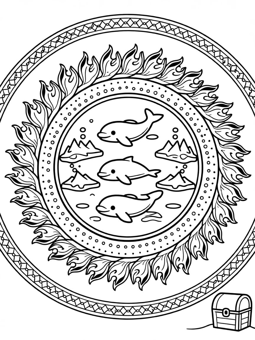 Arctic & Polar Animals: The page presents a small themed scene built around a narwhal pod swimming beneath ice, tied together by a spiral mandala that winds gently from center to edge. The scene is set within a framed scene where every element on one side is echoed by a twin on the opposite side. Decorative details fill the surrounding space, including a repeating chain of small diamonds, a trail of evenly spaced dots, and flame-shaped tips curling upward woven throughout the background. A playful extra touch completes the page: a small treasure chest half-hidden along one edge of the design.