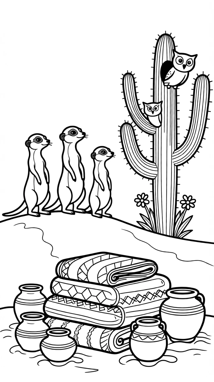 [Desert Dunes] A family of meerkats stands alert atop a sandy dune, watching the horizon together. A pair of desert owls peek out from a hole in a tall saguaro cactus. A cluster of colorful woven blankets and clay pots sits near a small desert campsite. A gentle wind shapes soft ripples across the dunes beneath a clear blue sky.
