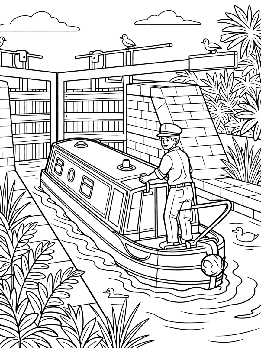 A canal boat captain steers a narrow boat through a lock full of water.