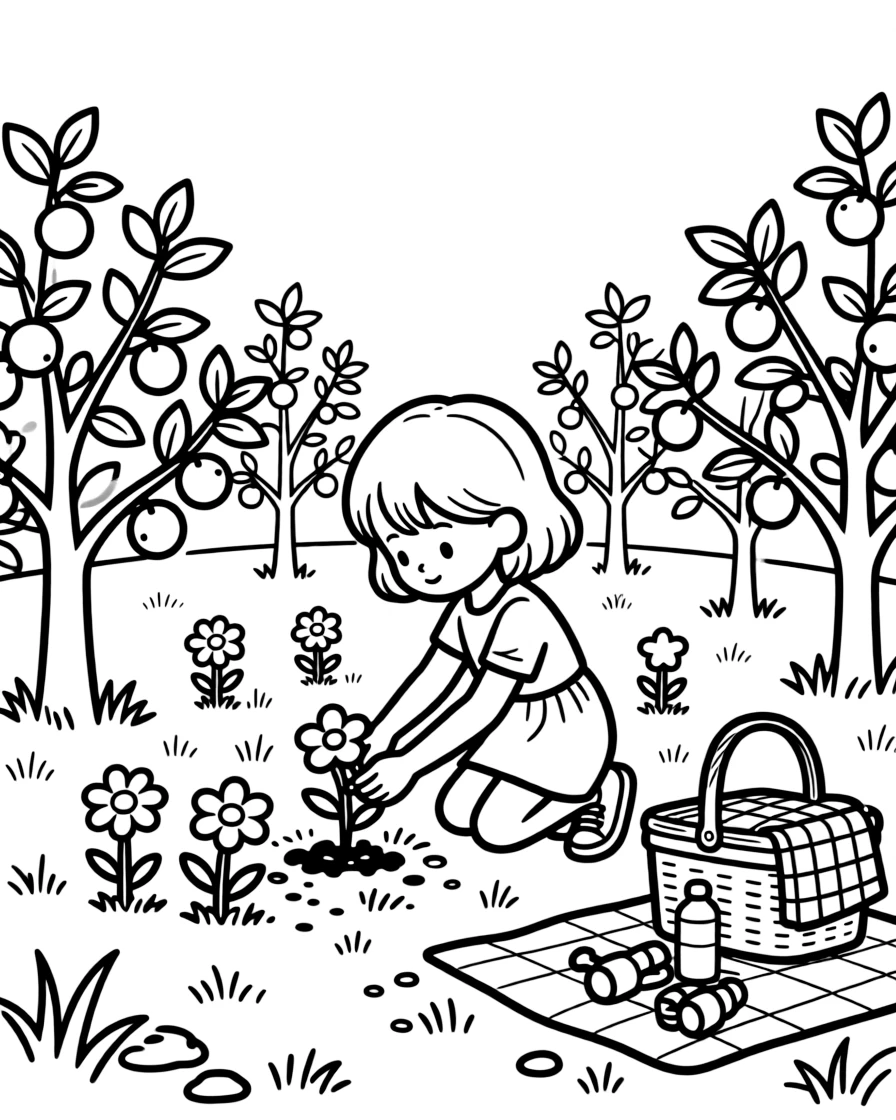 A little girl planting flowers alone in an orchard, deeply focused, with a picnic basket nearby.