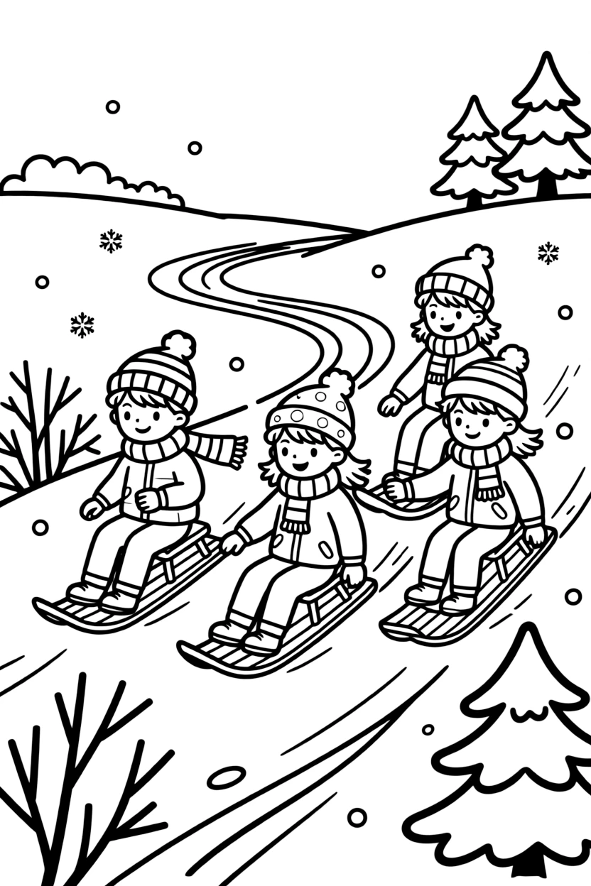 A group of classmates, riding through untouched powder, leaving a trail of curvy tracks behind.
