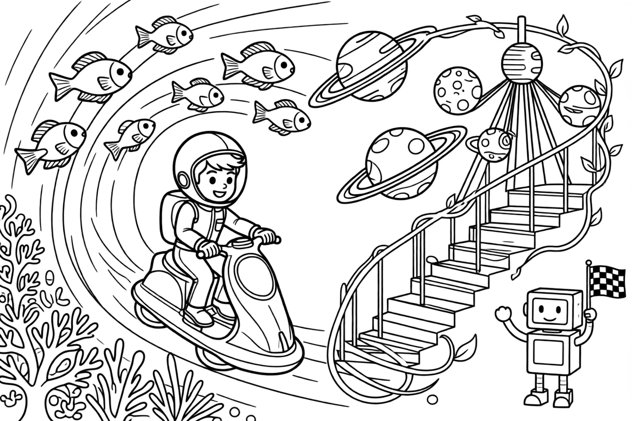 Pilot Astra zooming along on a hoverbike guiding a school of glowing space fish through a coral tunnel near a floating amusement park with rides shaped like planets, surrounded by a spiral staircase wrapped in glowing vines and a friendly robot waving a checkered flag.