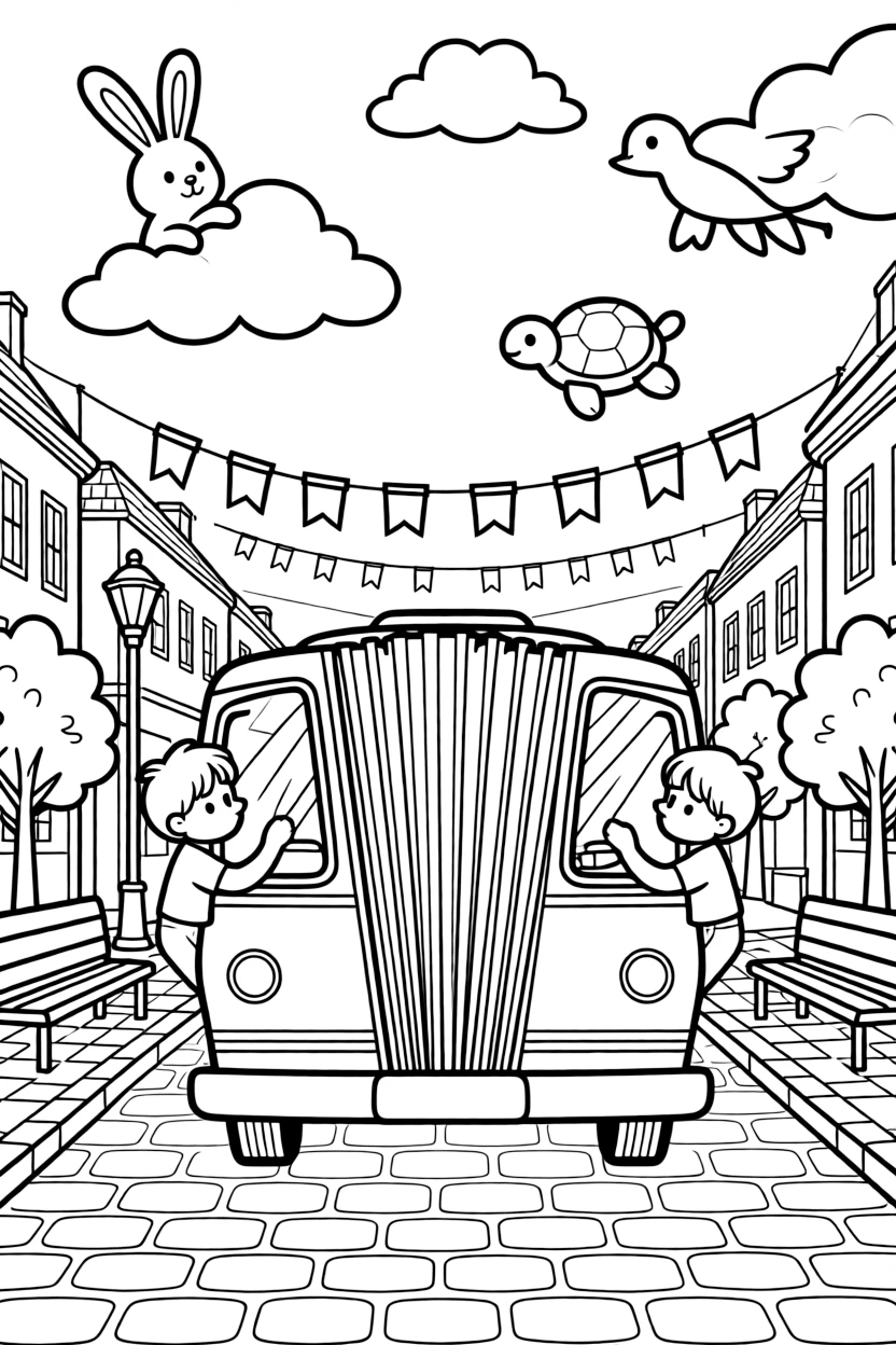 A city bus with an accordion middle section takes center stage in a small town main street decorated with fluttering flags, where twin siblings pressing their faces to the window can be seen nearby, surrounded by fluffy clouds shaped like animals drifting overhead.