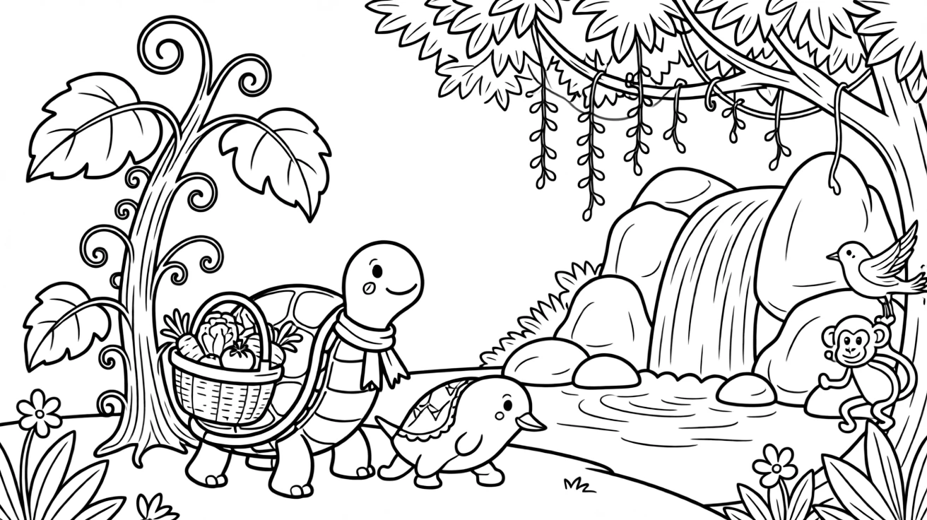 A tortoise in a bustling jungle canopy, carrying a basket of vegetables with a narwhal, next to a giant beanstalk, as a gentle waterfall splashes in the background.
