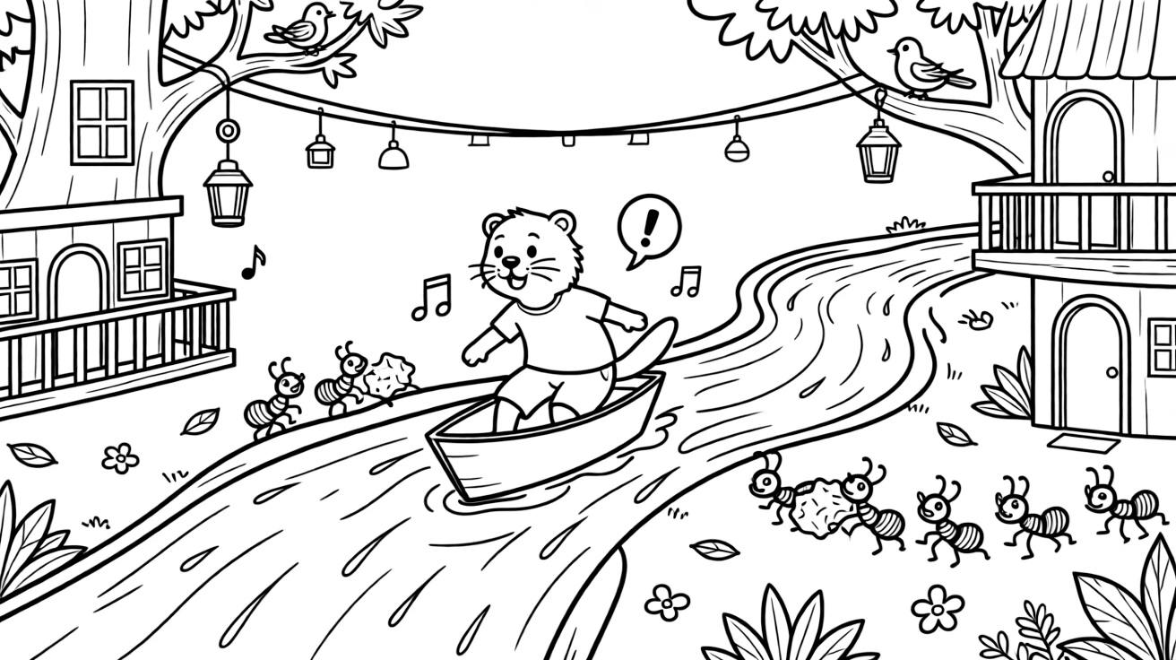 Mischievous and full of excitement, an otter surfer spends the day sailing a paper boat down a rain-puddle river in a treetop city connected by zip lines. Nearby, a line of ants carrying a picnic crumb adds to the fun. Little cheers of excitement fill the air.