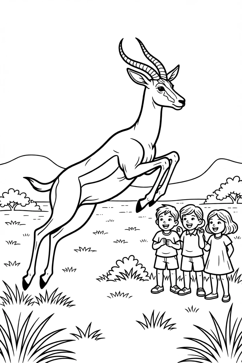 A coloring page showing a springbok leaping across the open grassland in South Africa, admired by a group of delighted children gathered close by.