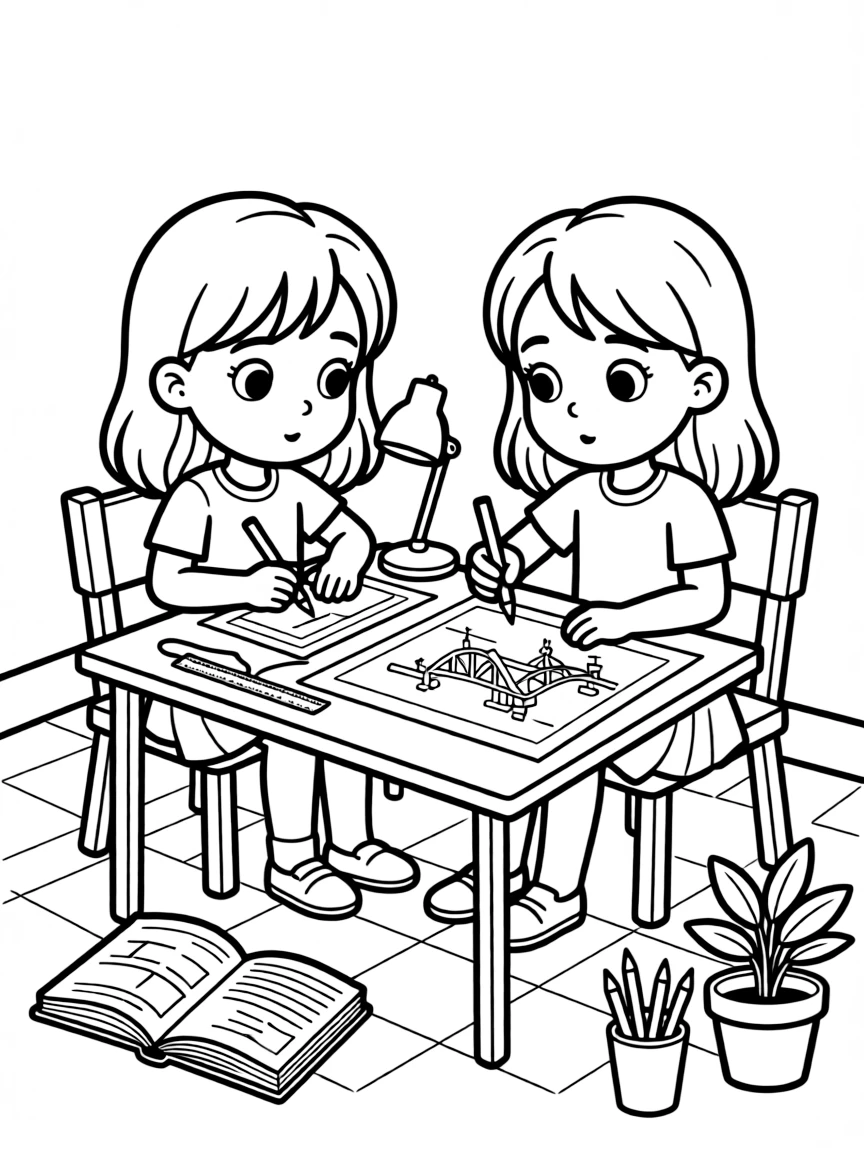 wide-eyed twin sisters sketch blueprints for a bridge at a small drafting table.