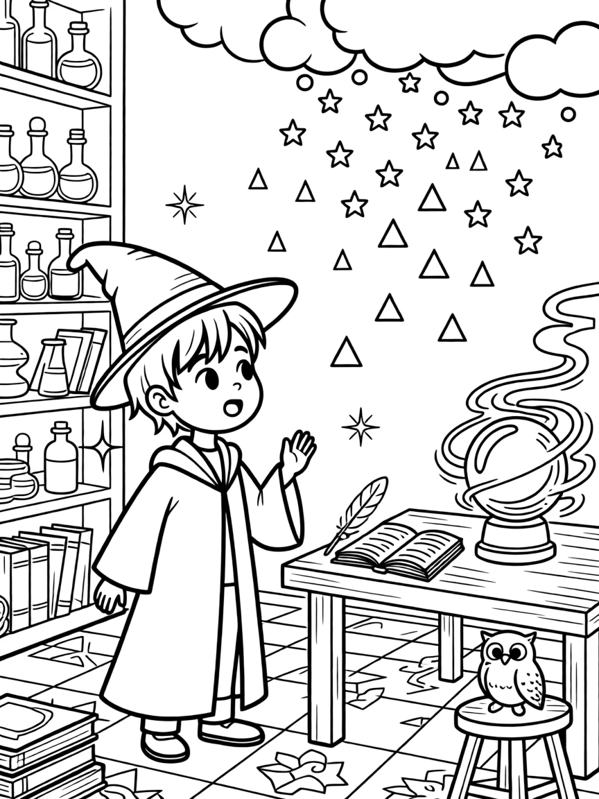 A wizard's apprentice accidentally summons a rain of colorful confetti instead of the thunderstorm he intended to conjure.