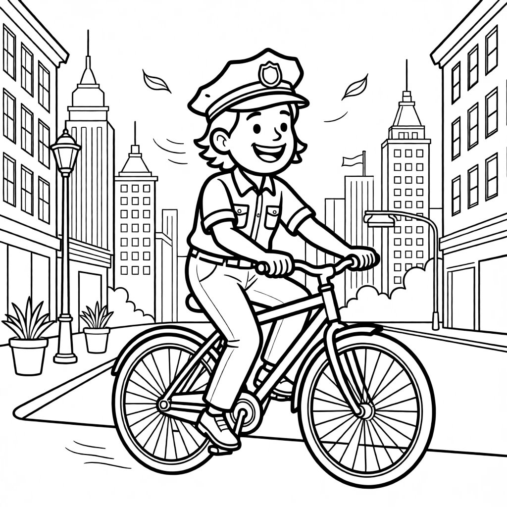 [Police Officers] a police officer on a bicycle patrol patrolling on a bicycle on a busy city sidewalk, grinning with excitement. Nearby, city buildings rise in the background. A friendly smile completes the scene. The scene is captured at sunset, with a light breeze blowing, giving the page a lively and adventurous feel that invites plenty of colorful detail.