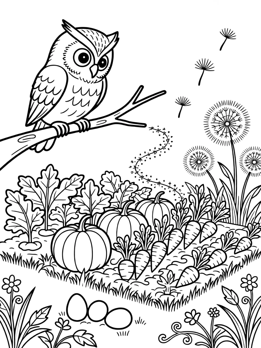 A wise little owl perched on a branch is searching for hidden eggs tucked in the grass in a vegetable garden at harvest time. Just beyond, floating dandelion seeds catching the light and a trail of glittering fairy dust make the scene feel magical.