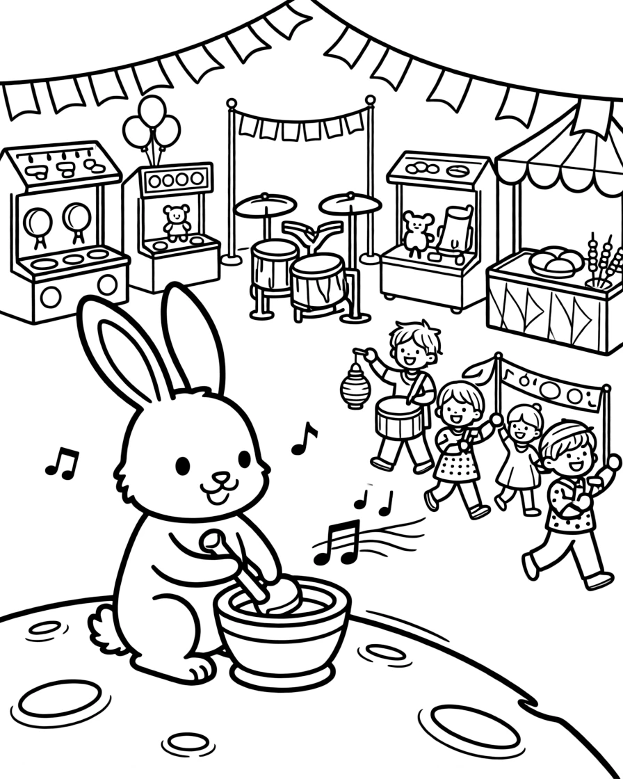 A close-up of a rabbit on the moon pounding rice cakes at a fairground with games, music, and food stalls, surrounded by strings of fluttering prayer flags and a drummer leading a small procession.
