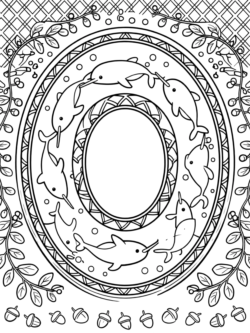 Arctic & Polar Animals: The design turns a narwhal pod swimming beneath ice into a kaleidoscope-style composition anchored by an oval medallion mandala framed by a double border. The imagery is arranged in a spinning ring of repeated segments, each one a slightly rotated twin of its neighbor. Decorative details fill the surrounding space, including a grid of lattice diamonds, clusters of round bubbles, and twisting berry-vine garlands woven throughout the background. A playful extra touch completes the page: a handful of tiny acorns scattered near the bottom edge.