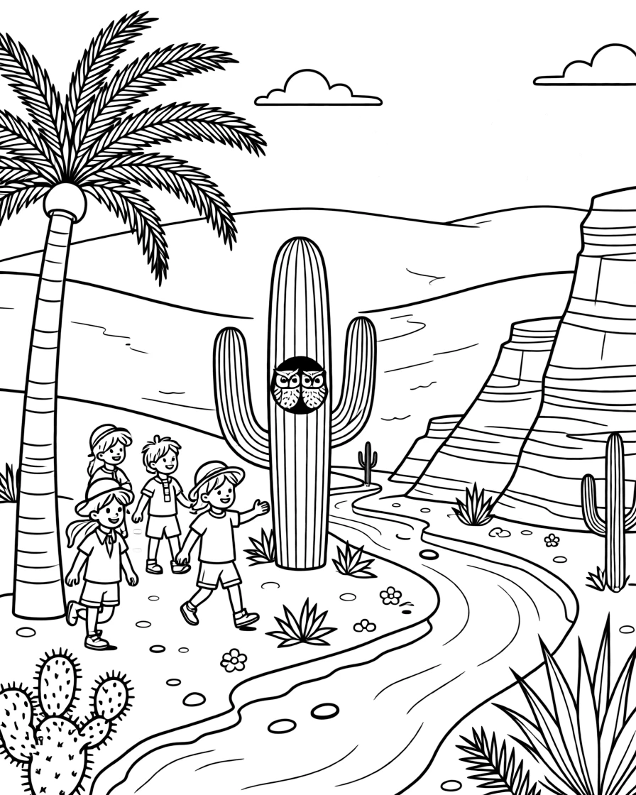 [Desert Dunes] A group of children explore a hidden desert oasis surrounded by palm trees. A pair of desert owls peek out from a hole in a tall saguaro cactus. Layered red rock formations rise beside a dry riverbed dotted with hardy desert plants. The sky glows orange and pink as the sun sets behind the rolling dunes.