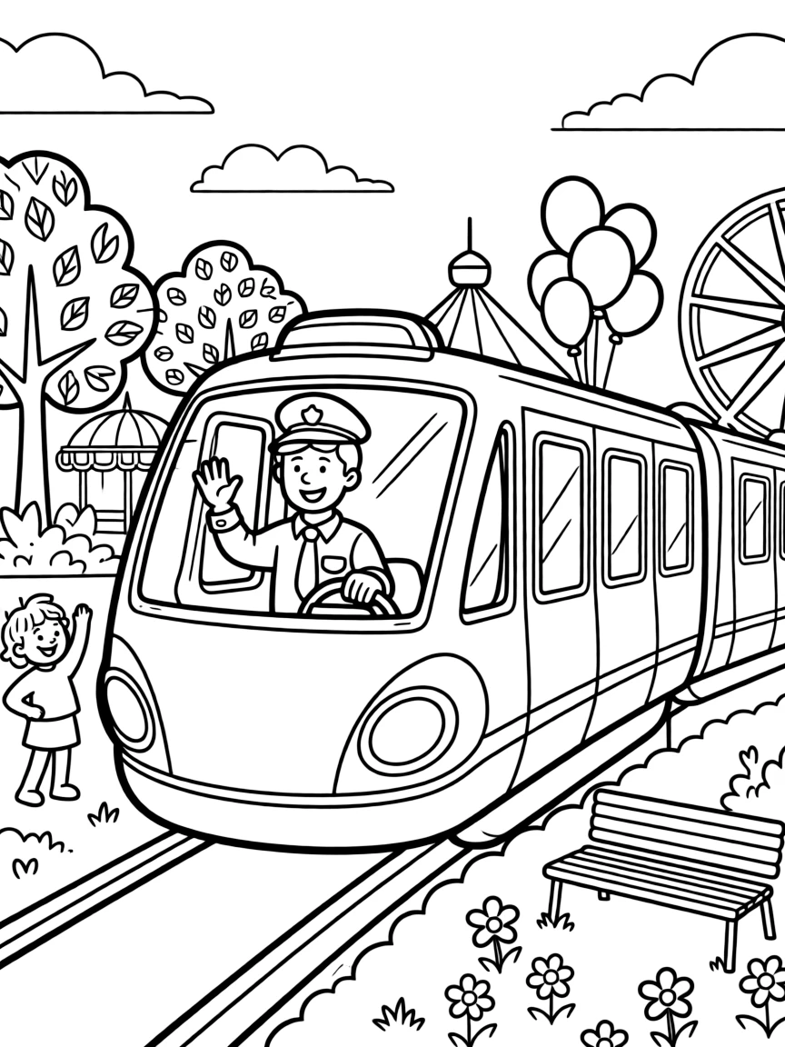 A monorail driver waves to kids from the front window of a theme park train.