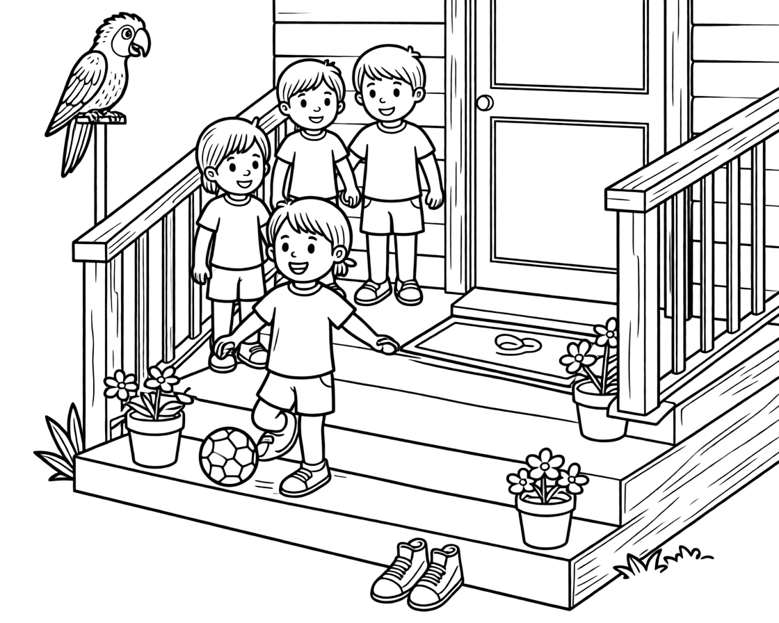 A young child playing soccer with three friends on the front porch steps while a parrot squawks from a perch.