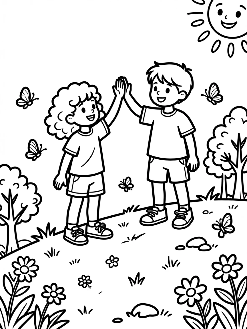 A little girl with curly hair, high-fiving a friend at the bottom of the hill after a fun run.
