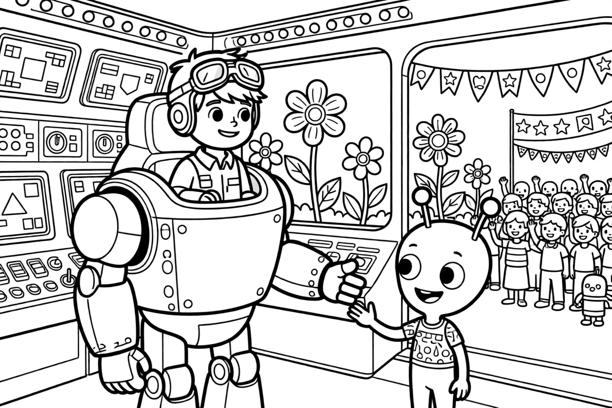 Young pilot Ozzy riding inside the friendly giant mech Ironclaw greeting a friendly alien ambassador arriving at the spaceport, in a spaceship's bright control room full of blinking buttons and screens, with a garden of oversized glowing flowers and a cheerful crowd gathered for a festival nearby.