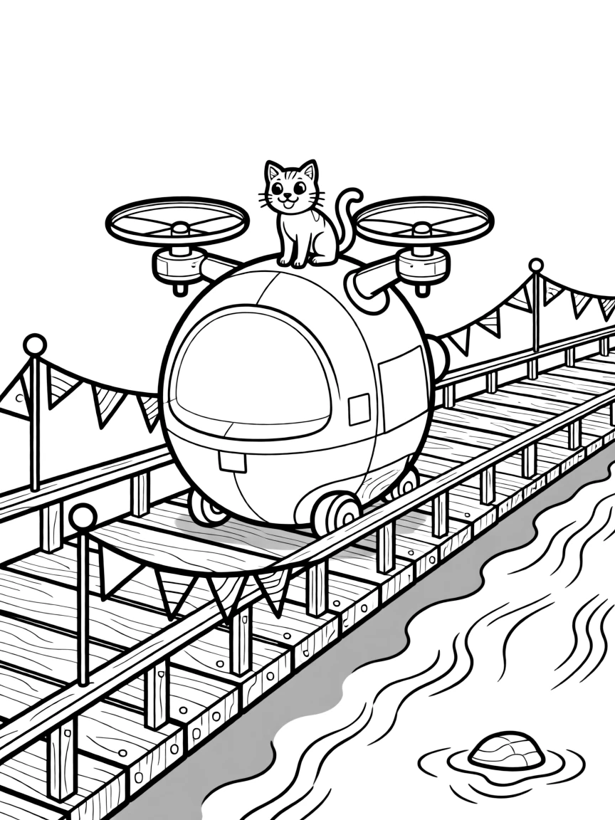 A big, friendly a round robot delivery drone with spinning propellers rolls through a long bridge stretching over a sparkling river, with a curious cat perched on the hood enjoying the ride and colorful flags fluttering from every corner adding a playful touch.