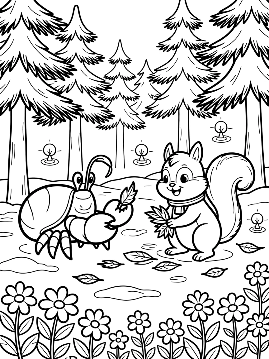 A hermit crab helping gather fallen leaves with a chipmunk in a snowy pine forest, near a field of wildflowers, with fireflies twinkling nearby.