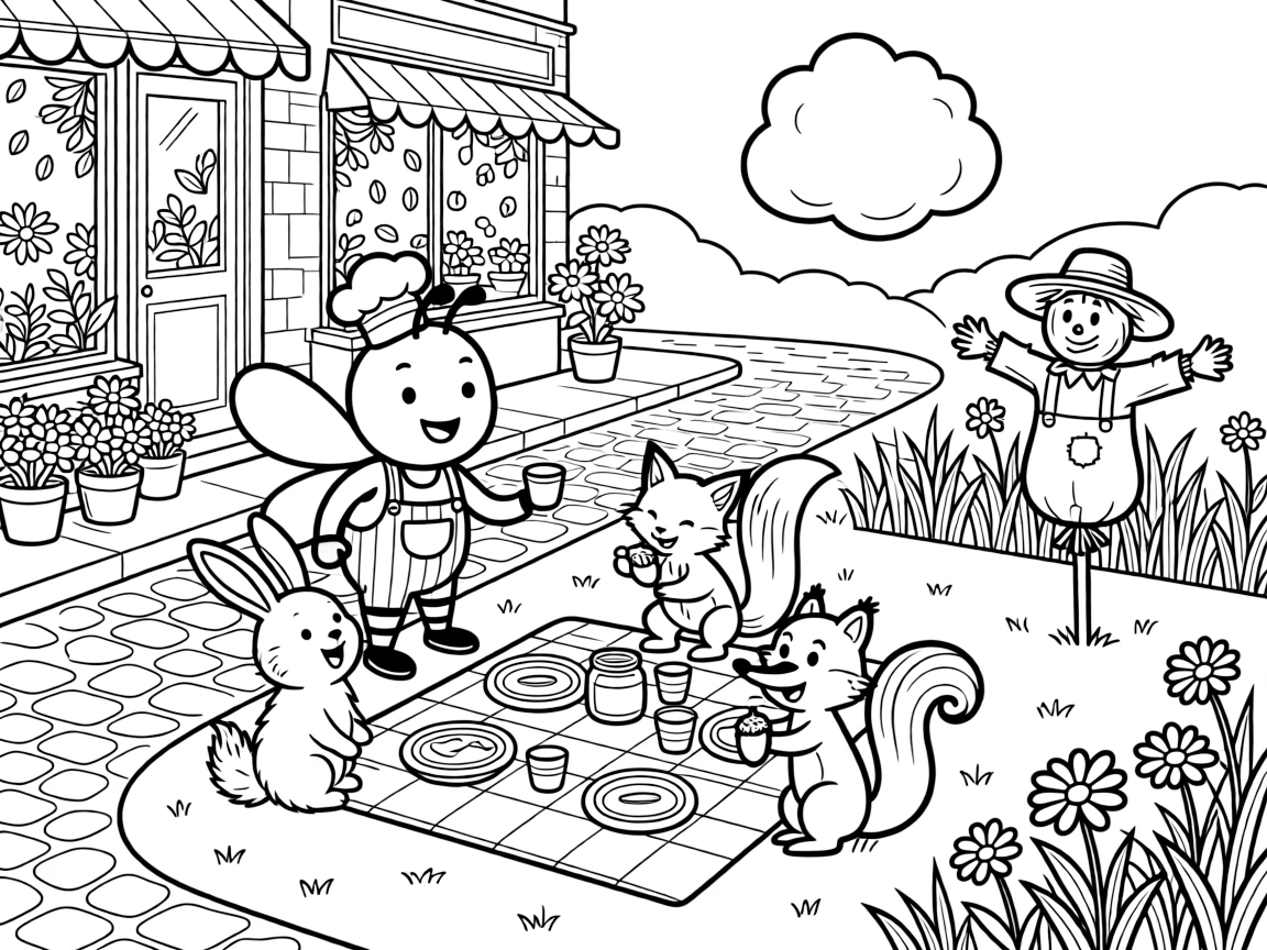 A wiggly bee honey baker is hosting a picnic with a family of curious critters on a cobblestone street lined with flower shops, joined by a cheerful scarecrow waving from the field and a cloud shaped like a giant marshmallow. Everyone is laughing and having the best time.