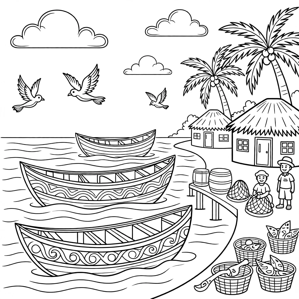 A coloring page celebrating Ghana featuring a coastal fishing village with brightly painted wooden boats, with a few small birds in the sky and friendly clouds nearby.
