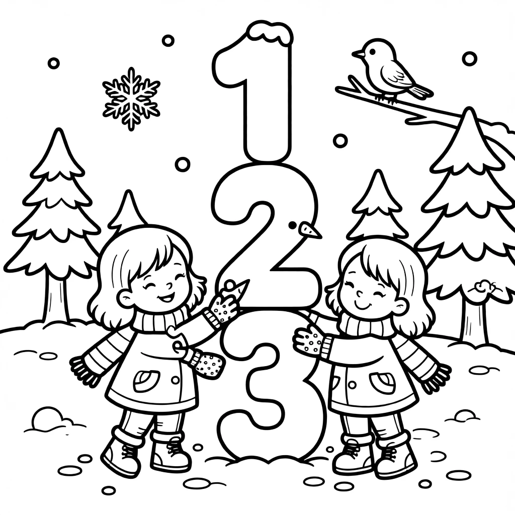 giggling twin sisters build a snowman shaped like the numbers from a math lesson.
